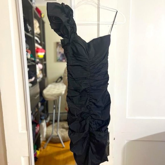 Vintage Cache Black Ruched Dress with One Ruffled Shoulder Strap - Size 4 - Picture 1 of 7